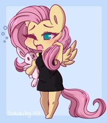 Size: 1460x1680 | Tagged: safe, artist:sakukitty, fluttershy, pegasus, rabbit, anthro, unguligrade anthro, animal, blushing, breasts, busty fluttershy, clothes, cute, daaaaaaaaaaaw, dress, female, no pupils, one eye closed, open mouth, plushie, shyabetes, sleepy, sleeveless, solo, teary eyes, volumetric mouth, yawn