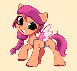 Size: 1292x1180 | Tagged: safe, artist:vensual99, sunny starscout, earth pony, pony, g5, my little pony: a new generation, chest fluff, cute, fake wings, female, filly, filly sunny starscout, leg fluff, looking at you, orange background, simple background, smiling, solo, sunnybetes