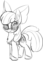 Size: 564x804 | Tagged: safe, artist:litrojia, apple bloom, earth pony, pony, g4, chest fluff, clothes, female, filly, glasses, grayscale, looking at you, monochrome, one-piece swimsuit, sandals, simple background, sketch, smiling, smiling at you, solo, sunglasses, swimsuit, white background