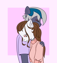 Size: 650x723 | Tagged: safe, artist:idkhesoff, oc, oc only, oc:elizabat stormfeather, oc:mina, anthro, clothes, duo, ear fluff, eyes closed, female, hug, sad, shirt, sweater, t-shirt