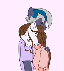 Size: 650x723 | Tagged: safe, alternate version, artist:idkhesoff, oc, oc only, oc:elizabat stormfeather, oc:mina, anthro, clothes, duo, ear fluff, eyes closed, female, hug, sad, shirt, sweater, t-shirt