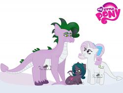 Size: 1280x960 | Tagged: safe, artist:missdisfortune97, oc, oc only, oc:cherry garnet, oc:emerald chaser, oc:plenity, dracony, hybrid, bow, dragon wings, female, hair bow, horn, interspecies offspring, male, my little pony logo, offspring, parent:rarity, parent:spike, parents:sparity, siblings, unshorn fetlocks, wings