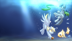 Size: 3265x1837 | Tagged: safe, artist:ketirz, derpy hooves, oc, fish, pegasus, pony, g4, bubble, crepuscular rays, dive mask, female, fish tail, food, muffin, ocean, smiling, spread wings, sunlight, swimming, underwater, wallpaper, water, wings, yellow eyes