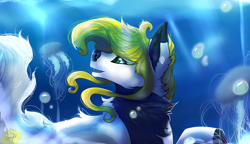 Size: 3230x1857 | Tagged: safe, artist:timbermutt, oc, oc only, jellyfish, pony, bubble, chest fluff, crepuscular rays, ear fluff, eyelashes, green eyes, ocean, open mouth, smiling, solo, sunlight, swimming, underwater, water, yellow mane