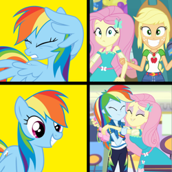 Size: 1300x1300 | Tagged: safe, edit, edited screencap, screencap, applejack, fluttershy, rainbow dash, best in show: the pre-show, dashing through the mall, equestria girls, equestria girls specials, g4, my little pony equestria girls: better together, my little pony equestria girls: holidays unwrapped, biased, female, geode of fauna, geode of super strength, hug, lesbian, magical geodes, ship:appleshy, ship:flutterdash