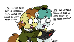 Size: 2194x1254 | Tagged: safe, artist:bobthedalek, oc, oc only, oc:bubble pump, oc:clippy ticket, earth pony, pegasus, pony, atg 2021, clothes, ear piercing, earring, hat, hug, jewelry, nervous, newbie artist training grounds, photo album, piercing, pinpoint eyes, shaking, sweat, sweatdrop, we don't normally wear clothes