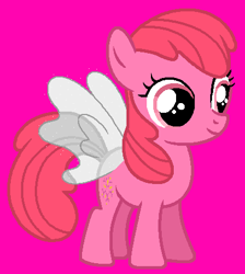 Size: 409x457 | Tagged: safe, artist:kammythepanic, honeysuckle, flutter pony, pony, g1, g4, female, filly, g1 to g4, generation leap, pink background, simple background, smiling, solo, sparkles, wings