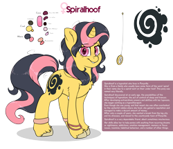 Size: 4055x3500 | Tagged: safe, artist:fluffyxai, oc, oc only, oc:spiralhoof, pony, unicorn, curved horn, cutie mark, horn, hypnosis, hypnotist, pocket watch, reference sheet, simple background, smiling, smirk, text, transparent background