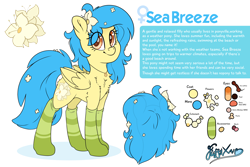 Size: 3000x2000 | Tagged: safe, artist:fluffyxai, oc, oc:sea breeze, pegasus, pony, chest fluff, clothes, cutie mark, female, flower, flower in hair, high res, mare, misspelling, raised tail, reference sheet, simple background, socks, tail, text