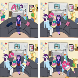 Size: 2048x2048 | Tagged: safe, artist:mintymelody, applejack, fluttershy, pinkie pie, rainbow dash, rarity, twilight sparkle, anthro, comic:and they were roommates, g4, digital art, high res, mane six, polyamory, shipping