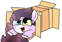 Size: 1080x729 | Tagged: safe, artist:droopihorn, oc, oc only, oc:lullaby, earth pony, pony, :d, base used, box, earth pony oc, eyelashes, female, heterochromia, mare, open mouth, pony in a box, smiling, solo, unshorn fetlocks