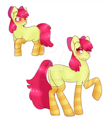 Size: 1024x1161 | Tagged: safe, artist:strawberryslushie, apple bloom, earth pony, pony, g4, blushing, clothes, deviantart watermark, female, filly, mare, obtrusive watermark, older, raised hoof, simple background, smiling, socks, solo, striped socks, watermark, white background