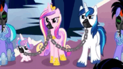 Size: 750x421 | Tagged: safe, screencap, princess cadance, princess flurry heart, shining armor, teal crescent, alicorn, pegasus, pony, unicorn, g4, season 9, the beginning of the end, animated, armor, baby, baby pony, crystal guard, crystal guard armor, gag, muzzle gag, you know for kids