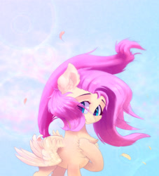 Size: 3200x3529 | Tagged: safe, artist:xbi, fluttershy, pegasus, pony, g4, abstract background, chest fluff, cute, ear fluff, female, high res, hoof on chest, looking at you, mare, shyabetes, sky, smiling, solo, spread wings, three quarter view, wind, windswept feathers, windswept mane, windswept tail, wings