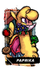 Size: 380x670 | Tagged: safe, artist:alts-art, paprika (tfh), alpaca, them's fightin' herds, apple, blanket, broccoli, community related, flower, food, rose