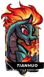 Size: 380x670 | Tagged: safe, artist:alts-art, tianhuo (tfh), dragon, hybrid, longma, them's fightin' herds, community related, mane of fire, open mouth, simple background, tail of fire, transparent background