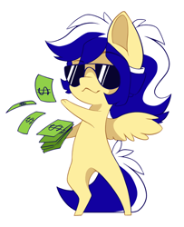 Size: 898x1105 | Tagged: safe, artist:arctic-fox, oc, oc only, oc:animatedpony, pegasus, pony, bipedal, male, money, simple background, solo, sunglasses, transparent background, white outline