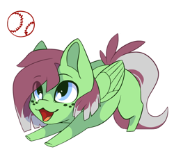 Size: 1006x880 | Tagged: safe, alternate character, alternate version, artist:arctic-fox, oc, oc only, oc:watermelon success, pegasus, pony, :3, ball, chibi, simple background, solo, stretching, tennis ball, transparent background