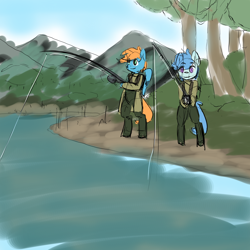 Size: 2048x2048 | Tagged: safe, artist:compound lift, oc, oc only, oc:basso, oc:file folder, pegasus, pony, semi-anthro, arm hooves, colored sketch, fishing, high res, horsin' around