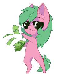 Size: 825x1089 | Tagged: safe, alternate character, alternate version, artist:arctic-fox, oc, oc only, oc:pine berry, earth pony, pony, chibi, money, simple background, solo, sunglasses, transparent background