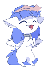 Size: 740x1101 | Tagged: safe, alternate character, alternate version, artist:arctic-fox, oc, oc only, oc:snow pup, pegasus, pony, chibi, collar, hand, head pat, pat, simple background, solo, transparent background