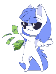 Size: 838x1090 | Tagged: safe, alternate character, alternate version, artist:arctic-fox, oc, oc only, oc:snow pup, pegasus, pony, chibi, collar, money, simple background, solo, sunglasses, transparent background