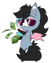 Size: 902x1094 | Tagged: safe, alternate character, alternate version, artist:arctic-fox, oc, oc only, oc:starskipper, bat pony, pony, bat pony oc, chibi, money, simple background, solo, sunglasses, transparent background