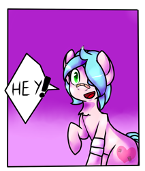Size: 1024x1200 | Tagged: safe, artist:ranillopa, oc, oc only, earth pony, pony, bandaid, bandaid on nose, digital art, female, hooves, looking at you, mare, one eye closed, open mouth, simple background, solo, speech bubble, tail, text