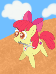 Size: 1500x2000 | Tagged: safe, artist:limitmj, apple bloom, earth pony, pony, g4, female, filly, jewelry, necklace, solo, sword, weapon