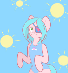 Size: 1280x1383 | Tagged: safe, artist:ranillopa, oc, oc only, earth pony, pony, clothes, digital art, eyepatch, female, hooves, looking at you, mare, one-piece swimsuit, simple background, smiling, smiling at you, solo, standing, swimsuit, tail