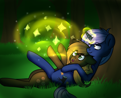 Size: 3200x2600 | Tagged: safe, artist:ranillopa, oc, oc only, earth pony, pony, unicorn, bedroom eyes, digital art, duo, female, glowing horn, high res, hooves, horn, lying down, magic, mare, night, open mouth, tail, tree