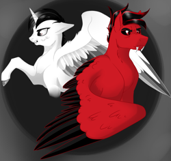 Size: 1771x1673 | Tagged: safe, artist:schokocream, oc, oc only, oc:toonkriticy2k, alicorn, pegasus, pony, abstract background, alicorn oc, bust, duo, fangs, hatless, horn, male, missing accessory, pegasus oc, stallion, wings