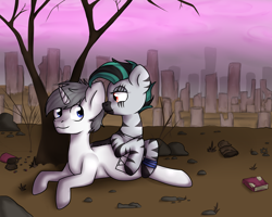 Size: 3500x2800 | Tagged: safe, artist:ranillopa, oc, oc only, pony, unicorn, zebra, fallout equestria, bedroom eyes, commission, digital art, duo, female, high res, hooves, horn, looking at each other, male, mare, stallion, tail, wasteland, zebra oc