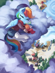 Size: 3117x4096 | Tagged: safe, artist:saxopi, rainbow dash, pegasus, pony, g4, beanie, boat, breath, clothes, cloud, cute, dashabetes, hat, high res, house, jacket, lighthouse, on a cloud, pants, pier, scarf, sleeping, sleeping on a cloud, snow, solo, water, winter outfit