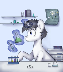 Size: 1280x1463 | Tagged: safe, artist:ranillopa, oc, oc only, pony, unicorn, digital art, flask, glowing horn, hooves, horn, laboratory, magic, male, solo, stallion, test tube