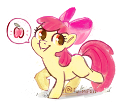 Size: 1109x946 | Tagged: safe, artist:lynsum, apple bloom, earth pony, pony, g4, adorabloom, bow, cute, female, filly, hair bow, simple background, smiling, solo, speaking in images, speech bubble, white background