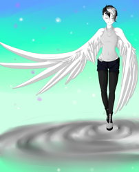 Size: 1771x2196 | Tagged: safe, artist:schokocream, oc, oc only, oc:thunder blight, pegasus, anthro, abstract background, clothes, eyes closed, female, pants, pegasus oc, shoes, smiling, wings