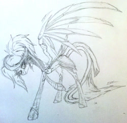 Size: 2383x2311 | Tagged: safe, artist:beamybutt, pegasus, pony, artificial wings, augmented, eyelashes, female, grayscale, high res, mare, mechanical wing, mercy, monochrome, overwatch, ponified, raised hoof, signature, solo, traditional art, wings