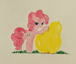 Size: 1280x1084 | Tagged: safe, artist:blackwo96777748, pinkie pie, earth pony, pony, g4, balloon, balloon fetish, balloonbutt, butt, fetish, grass, lidded eyes, looking at you, plot, solo, that pony sure does love balloons, traditional art