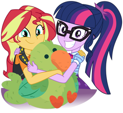 Size: 2956x2716 | Tagged: safe, artist:sketchmcreations, sci-twi, sunset shimmer, twilight sparkle, bird, parakeet, dashing through the mall, equestria girls, equestria girls series, g4, holidays unwrapped, spoiler:eqg series (season 2), arm around back, arm on shoulder, duo, female, glasses, grin, happy, high res, it's not about the parakeet, plushie, simple background, smiling, transparent background, vector