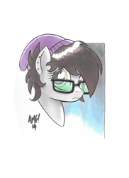 Size: 10200x14028 | Tagged: safe, artist:tonyfleecs, oc, oc only, oc:nightshade (pegasus), pegasus, pony, absurd resolution, babscon, babscon 2019, beanie, commission, ear piercing, earring, female, glasses, hat, jewelry, looking at you, mare, piercing, simple background, solo, traditional art