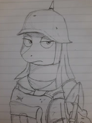 Size: 3000x4000 | Tagged: safe, artist:bunnyshrubby, artist:mustaphatr, maud pie, earth pony, pony, equestria at war mod, g4, female, frown, high res, mare, pickelhaube, shovel, solo, traditional art