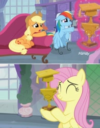 Size: 1292x1652 | Tagged: safe, screencap, applejack, fluttershy, rainbow dash, g4, non-compete clause, discovery family logo, meme template, school of friendship, trophy