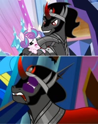 Size: 1436x1808 | Tagged: safe, edit, edited screencap, screencap, king sombra, princess flurry heart, alicorn, pony, unicorn, g4, the beginning of the end, 1000 hours in ms paint, abuse, abuse edit, black eye, boop, female, foal, male, op is a duck, sad, sombrabuse, stallion