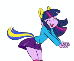 Size: 540x450 | Tagged: safe, artist:ponut_joe, edit, twilight sparkle, equestria girls, g4, my little pony equestria girls, ^^, adorkable, animated, cheerleader, clothes, cute, dancing, dork, eyes closed, female, frame by frame, gif, helping twilight win the crown, miniskirt, no nose, open mouth, questionable source, simple background, skirt, smiling, solo, tail, twiabetes, white background, wondercolts