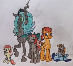 Size: 2347x2112 | Tagged: safe, artist:someguy458, queen chrysalis, oc, oc:bedbug, oc:crimson mane, oc:low chirp, oc:myiasis, oc:ruby wings, changeling, pony, series:rubyandfriends, g4, family, high res, red changeling