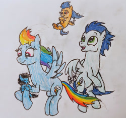 Size: 1280x1204 | Tagged: safe, artist:someguy458, rainbow dash, soarin', oc, oc:misty haze, oc:thunder strike, pegasus, pony, series:rubyandfriends, g4, family, female, male, offspring, parent:rainbow dash, parent:soarin', parents:soarindash, ship:soarindash, shipping, straight