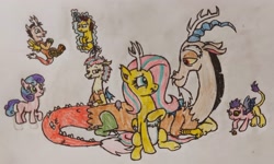 Size: 3302x1981 | Tagged: safe, artist:someguy458, discord, fluttershy, oc, oc:eagle eye, oc:idaru, oc:lady chaos, oc:narmal, oc:violet spiral, draconequus, hybrid, pegasus, pony, g4, draconequified, female, flutterequus, high res, interspecies offspring, male, mismatched horns, offspring, parent:discord, parent:fluttershy, parents:discoshy, ship:discoshy, shipping, species swap, straight, transformed