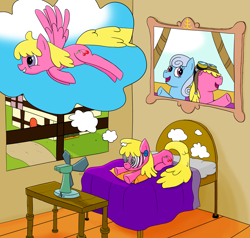Size: 3551x3383 | Tagged: safe, artist:librarylonging, cherry berry, linky, shoeshine, earth pony, pegasus, pony, g4, bed, daydream, fan, flower, high res, hypnogear, hypnosis, on bed, race swap, table, thought bubble, visor, window