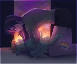 Size: 1017x849 | Tagged: safe, artist:aaa-its-spook, rainbow dash, twilight sparkle, human, pegasus, pony, equestria girls, g4, bed, bedroom eyes, blushing, clothes, female, floppy ears, human female on mare, human on pony action, imminent sex, imminent snu snu, interspecies, kiss mark, lesbian, lipstick, mare, pinned, ship:twidash, shipping, shirt, shorts, size difference, spread wings, stars, stupid sexy twilight, sunset, wings